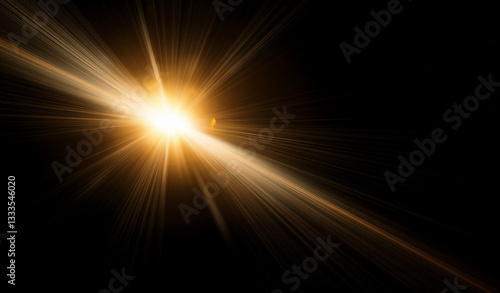 Gold lens flare, golden sunburst overlay on black background. High-quality stock image of Sun flare, effects sunlight, light leaks transition, explosion of yellow light, optical flare glow isolated