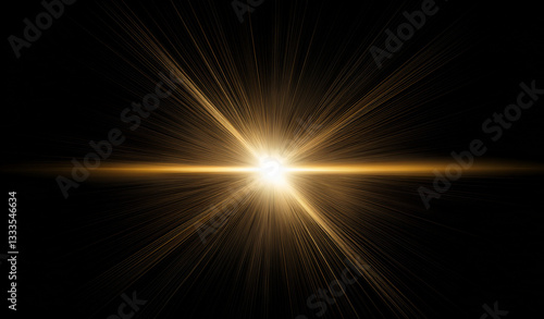 Gold lens flare, golden sunburst overlay on black background. High-quality stock image of Sun flare, effects sunlight, light leaks transition, explosion of yellow light, optical flare glow isolated