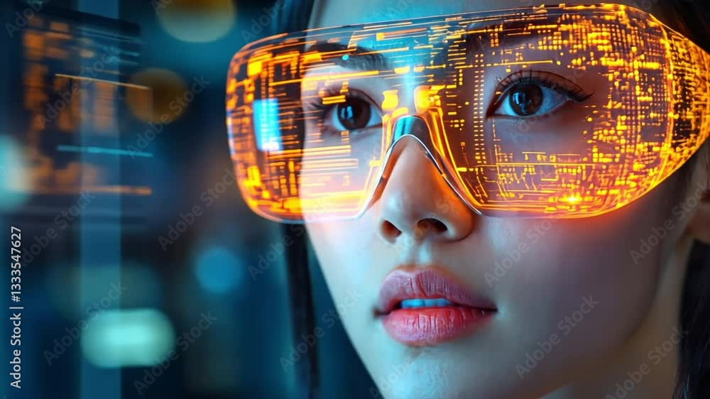 Vision of Tomorrow: A woman wearing futuristic glasses with glowing circuitry, peering into the future with anticipation, symbolizing technological innovation. Vision of Tomorrow: A woman wearing futuristic glasses with glowing circuitry, peering into the future with anticipation, symbolizing technological innovation.