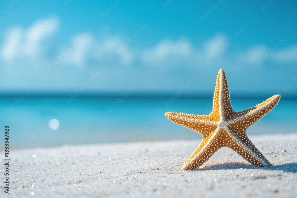Starfish on Sandy Beach with Ocean Background Starfish on Sandy Beach with Ocean Background