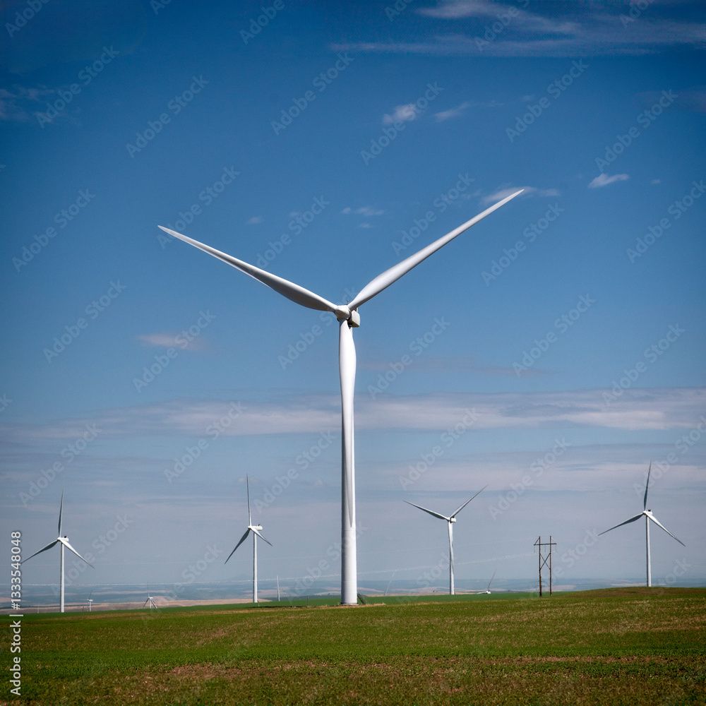 An expansive view of multiple wind turbines located in a field, showcasing their significance in renewable energy production under a clear sky. An expansive view of multiple wind turbines located in a field, showcasing their significance in renewable energy production under a clear sky.