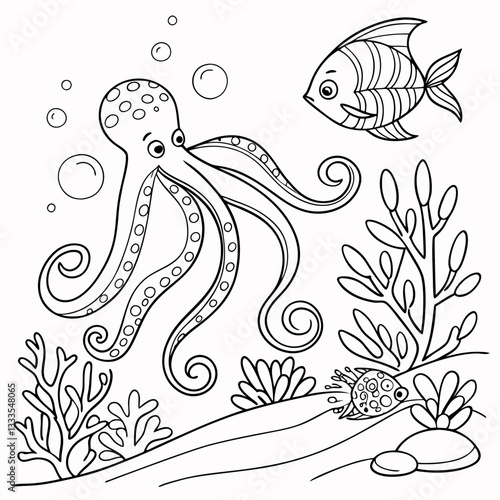 Stylized composition of octopus (poulpe), tropical fish, underwater seaweed and corals. Freehand sketch for adult anti stress coloring book page with doodle and zentangle elements.