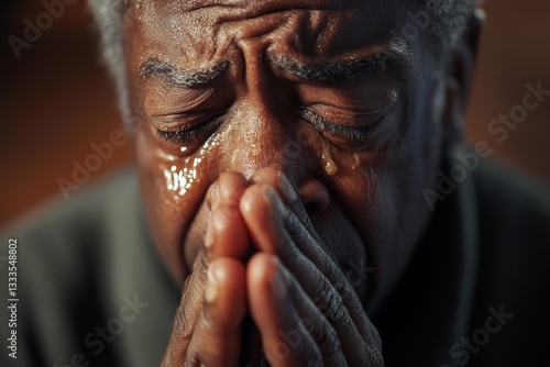 Old african american man praying God.	