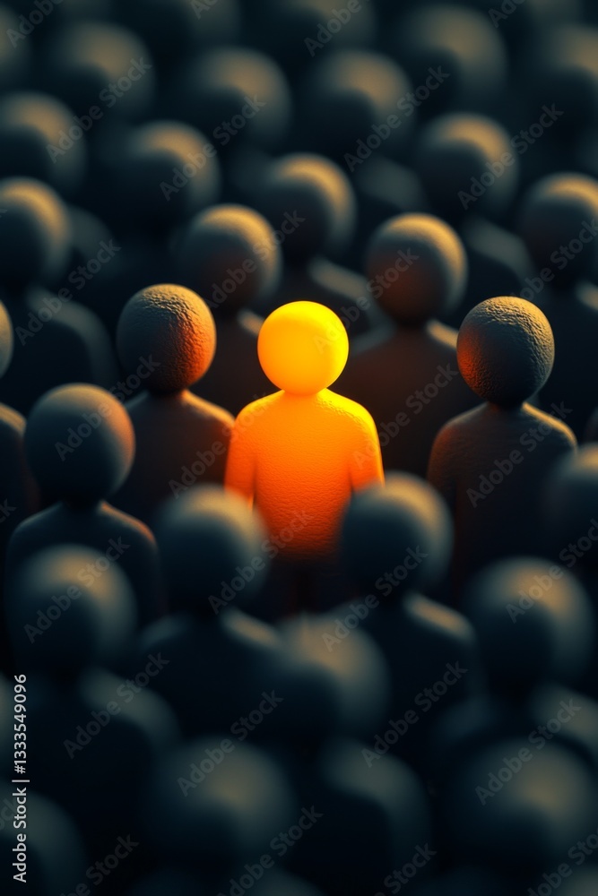 Obraz premium Be the light. One glowing person is different between others.