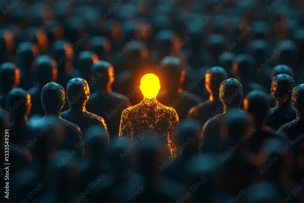 Obraz premium Be the light. One glowing person is different between others.
