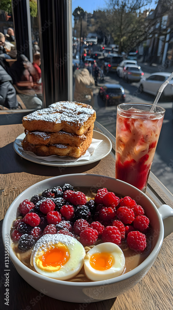 Obraz premium Breakfast Meal With French Toast, Ramen And Berries In Cafe With City View