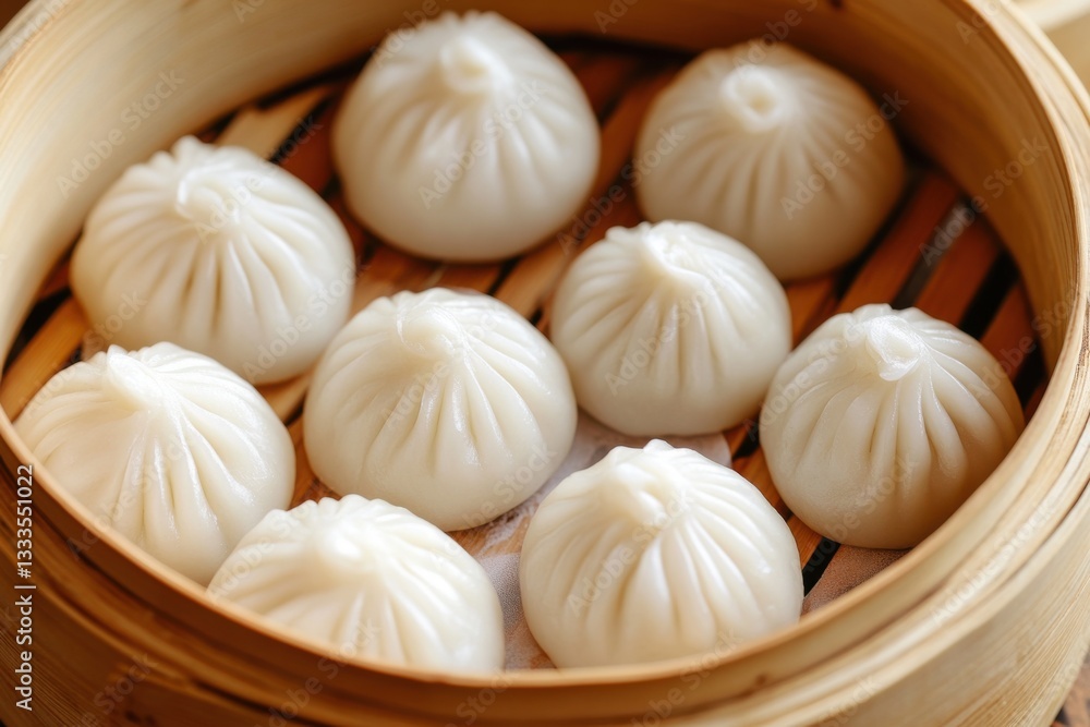 Steamed Dumplings in Bamboo Steamer with Droplets of Water Steamed Dumplings in Bamboo Steamer with Droplets of Water