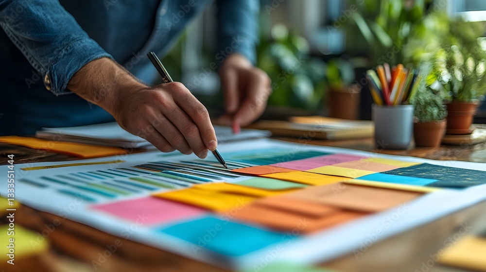 Fototapeta premium Team collaborating on a branding concept using colorful sticky notes