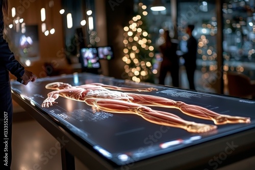 Explore the future of medicine with this High-tech holographic autopsy table displaying a virtual dissection of a human body Witness advanced anatomical visualization for medical education and