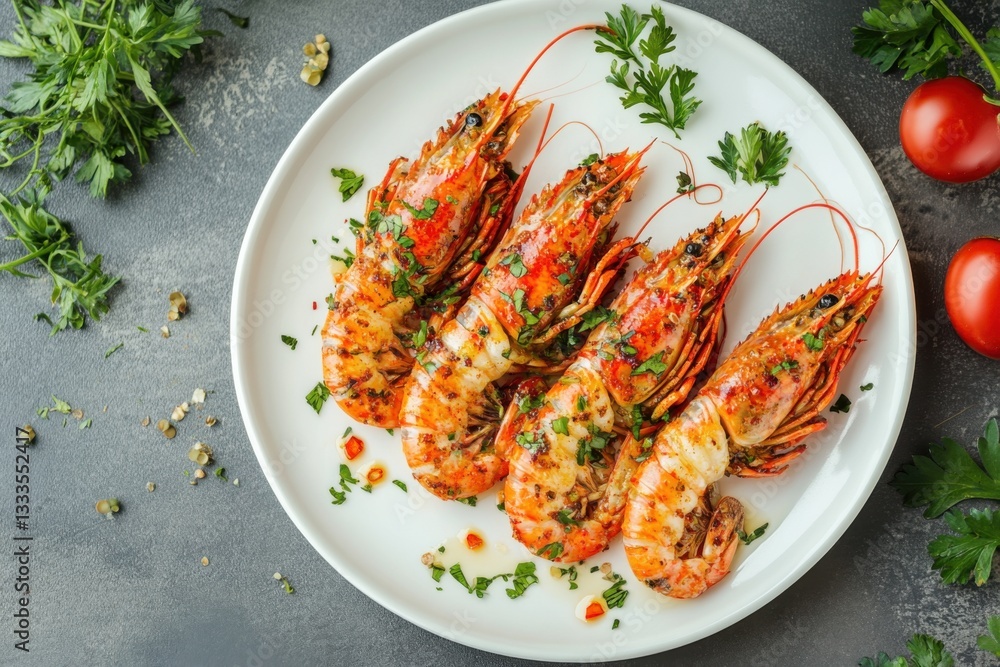 Grilled Shrimp with Fresh Herbs and Tomatoes on a White Plate Grilled Shrimp with Fresh Herbs and Tomatoes on a White Plate