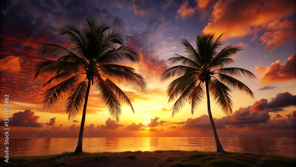 Dark two palm tree landscape, sunset over the cool ocean background. Dark two palm tree landscape, sunset over the cool ocean background.
