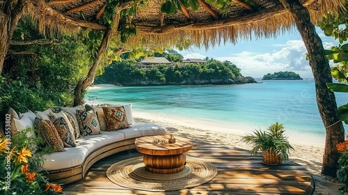 A tropical paradise viewable from a relaxing beachside seating area