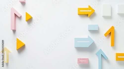 Abstract geometric shapes and arrows symbolizing business strategy and direction on a clean white background.
