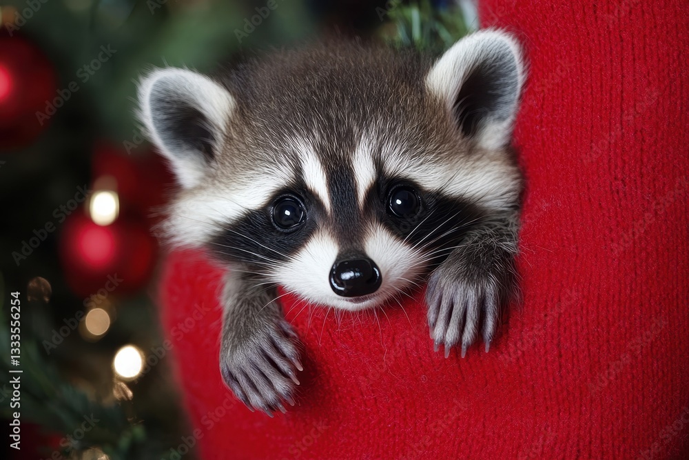 Obraz premium Raccoon in Festive Holiday Ambiance: A charming raccoon cub peeks playfully from a vibrant red stocking, set against a background adorned with shimmering Christmas decorations.