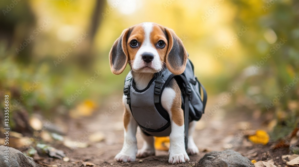 Beagle Pup with Backpack: A charming beagle puppy, ready for an adventure, sits attentively, a small backpack strapped to its back, its bright eyes capturing your gaze. Beagle Pup with Backpack: A charming beagle puppy, ready for an adventure, sits attentively, a small backpack strapped to its back, its bright eyes capturing your gaze.