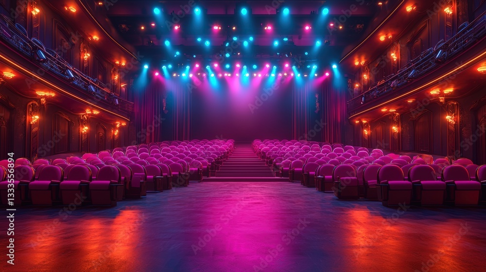 Obraz premium Vibrant Theatre Interior with Colorful Lights and Empty Rows of Seats Ready for Performance