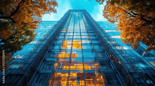 Modern skyscraper with autumnal trees