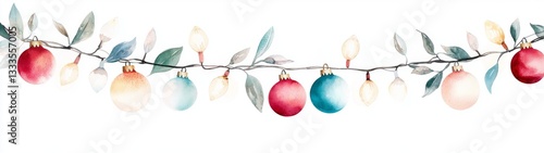 Christmas lights border design, hand-painted watercolor ornaments, multicolor festive garland, ideal for holiday decorations and party invitations, vibrant and cheerful visual appeal