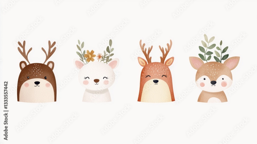 Naklejka premium Charming Watercolor Forest Animal Collection, delightful hand-drawn illustrations of cute woodland creatures, featuring a clean white backdrop and minimalist design elements.