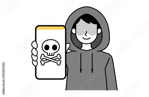 違法サイトで犯罪に巻き込もうとする犯罪者のベクターイラスト モノクロ シンプル
