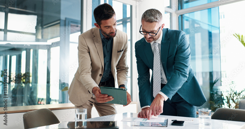 Business, people and meeting on tablet at office of planning, financial documents and company growth. Men, collaboration and paperwork with profit graph, investment report and feedback of opportunity