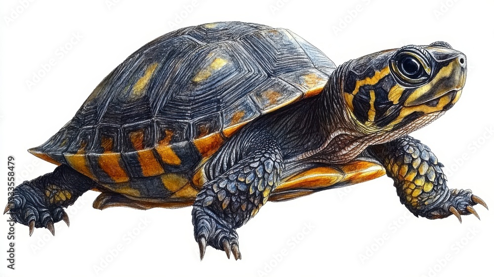 Fototapeta premium Hand-Drawn Watercolor Illustration of a Colorful Baby Turtle Exploring Its Environment