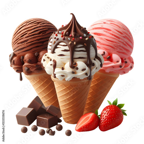 Chocolate, vanilla and strawberry Ice Cream Isolated white background