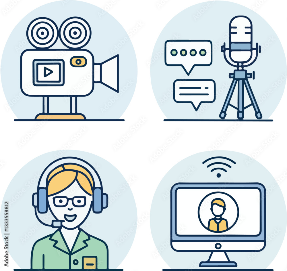 Video Conference Icons Set – Editable Stroke Vector Illustration Video Conference Icons Set – Editable Stroke Vector Illustration