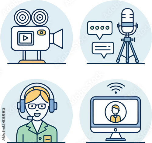 Video Conference Icons Set – Editable Stroke Vector Illustration