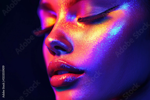 woman futuristic studio neon glow close up of female face makeup bright blue hot pink glowing eyeshadow cinematic cosmetics branding beauty brand marketing make-up looking eyebrows glitter