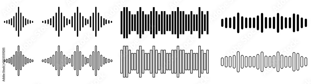 Podcast sound waves and audio soundwave of voice message records, vector icons. Podcast sound waves for online audio streaming and podcasting or music player and mobile phone voice message soundwaves Podcast sound waves and audio soundwave of voice message records, vector icons. Podcast sound waves for online audio streaming and podcasting or music player and mobile phone voice message soundwaves