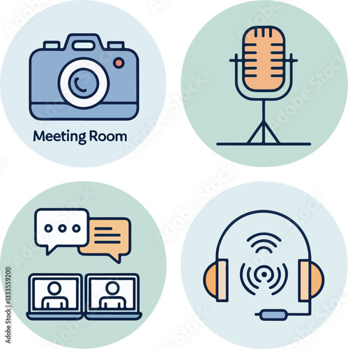 Video Conference Icons Set – Editable Stroke Vector Illustration
