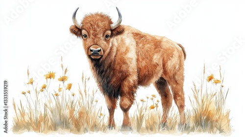 Watercolor Hand-Drawn Baby Bison Standing in a Grass Field Surrounded by Wildflowers