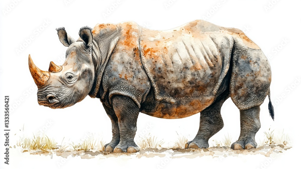 Obraz premium Watercolor Hand-Drawn Rhinoceros Standing on Grass in Natural Habitat Environment