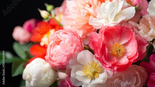 Elegant Floral Composition, vibrant close-up of assorted blossoms arranged in a minimalistic setting, showcasing intricate details and rich colors against a soft background.