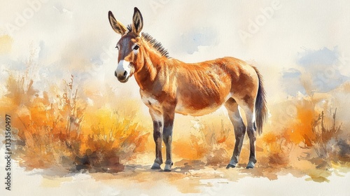 Watercolor Illustration of a Donkey Standing in a Pastoral Landscape With Warm Tones