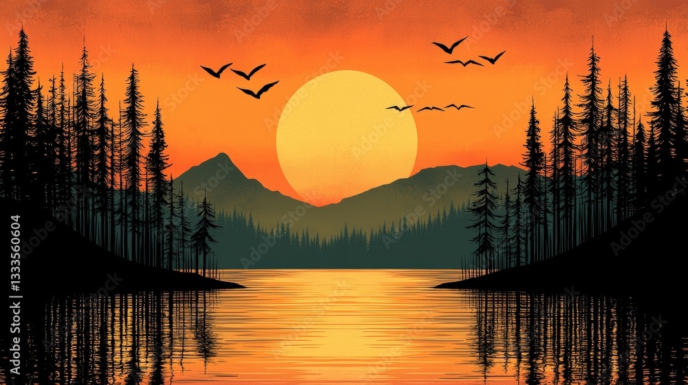 Serene Sunset Reflection Over Calm Lake Surrounded by Silhouetted Pine Trees and Mountains Serene Sunset Reflection Over Calm Lake Surrounded by Silhouetted Pine Trees and Mountains