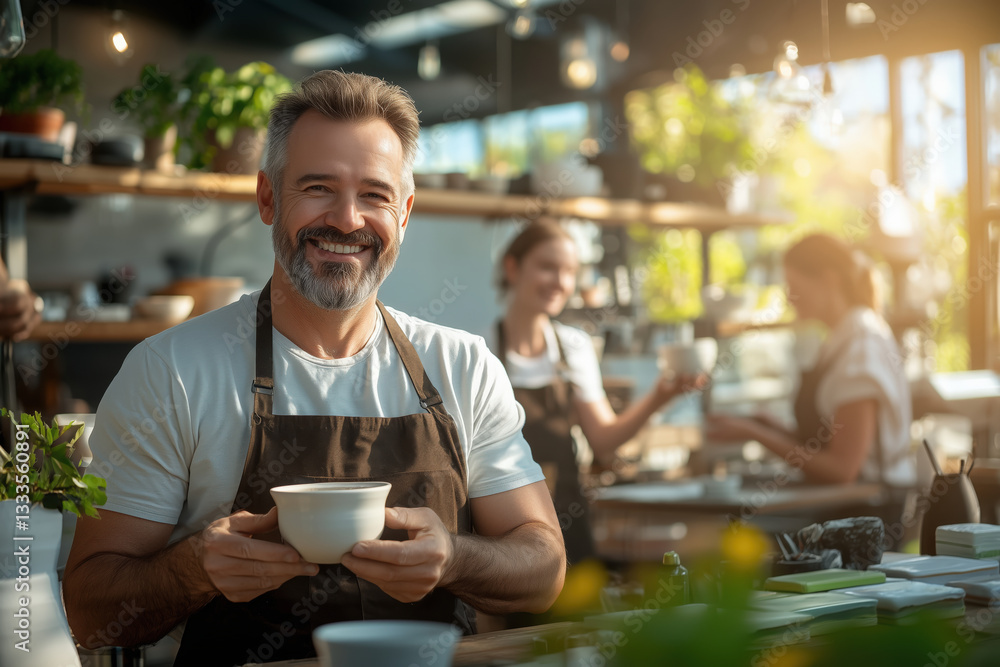 smiling man holds pottery bowl during summer ceramic workshop in rustic studio filled with plants smiling man holds pottery bowl during summer ceramic workshop in rustic studio filled with plants