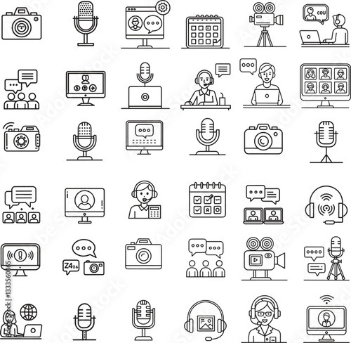 Video Conference Icons Set – Editable Stroke Vector Illustration