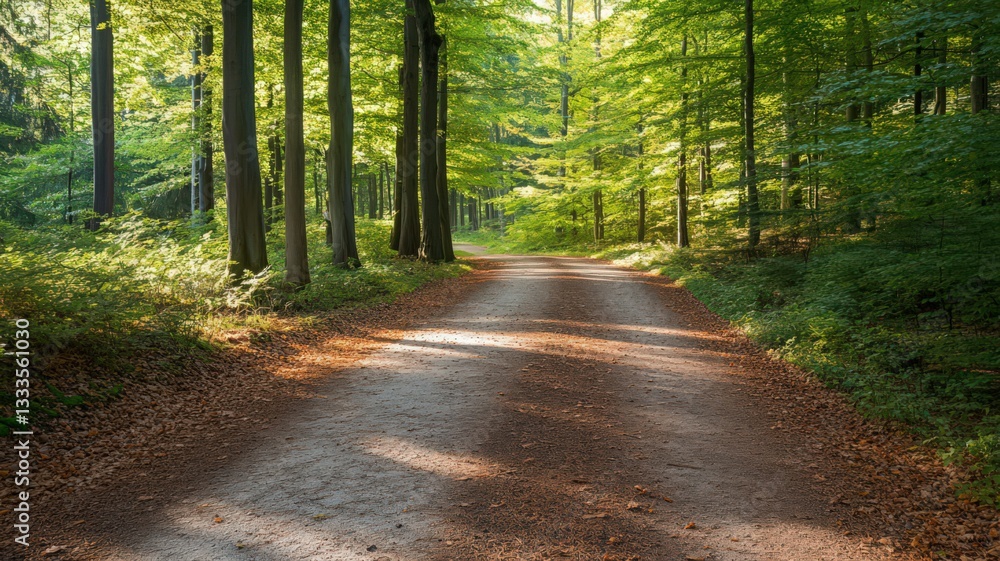 Obraz premium Sunlit Forest Path with Fallen Leaves