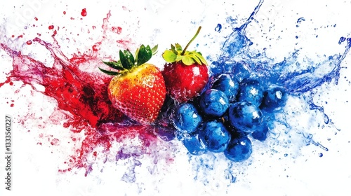 Strawberries and blueberries with water and red and blue colors