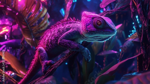 Neon hues illuminate a chameleon perched in lush jungle foliage creating a vibrant scene