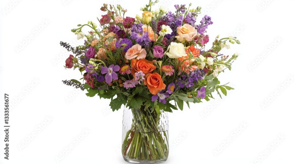 Obraz premium A beautiful wildflower bouquet arranged in a clear glass vase, set against a white background.