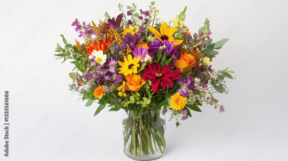 A beautiful wildflower bouquet arranged in a clear glass vase, set against a white background. A beautiful wildflower bouquet arranged in a clear glass vase, set against a white background.
