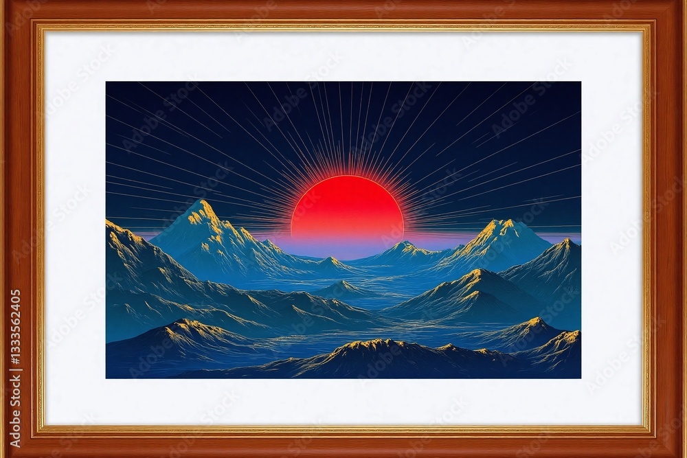Naklejka premium painting of a mountain scene with a sun in the sky