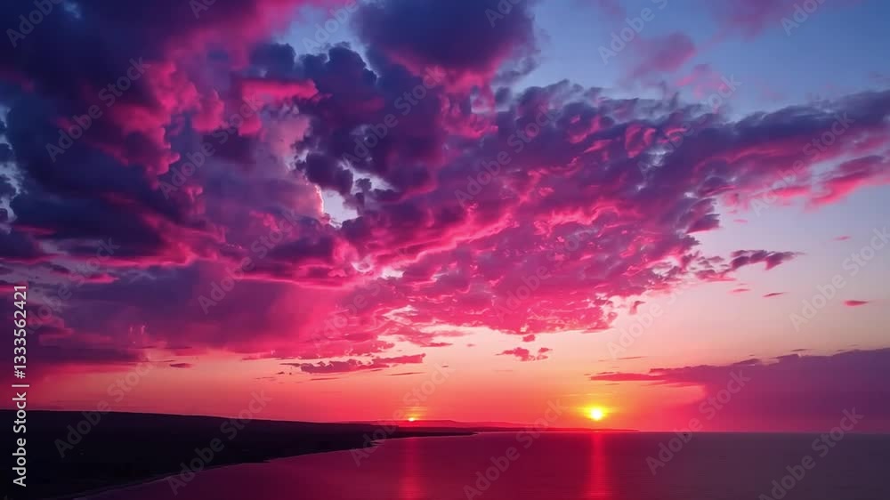 Breathtaking and Vibrant Sunset Over Ocean Dramatic Pink and Purple Clouds Reflecting on Serene Horizon with Stunning Atmosphere Breathtaking and Vibrant Sunset Over Ocean Dramatic Pink and Purple Clouds Reflecting on Serene Horizon with Stunning Atmosphere