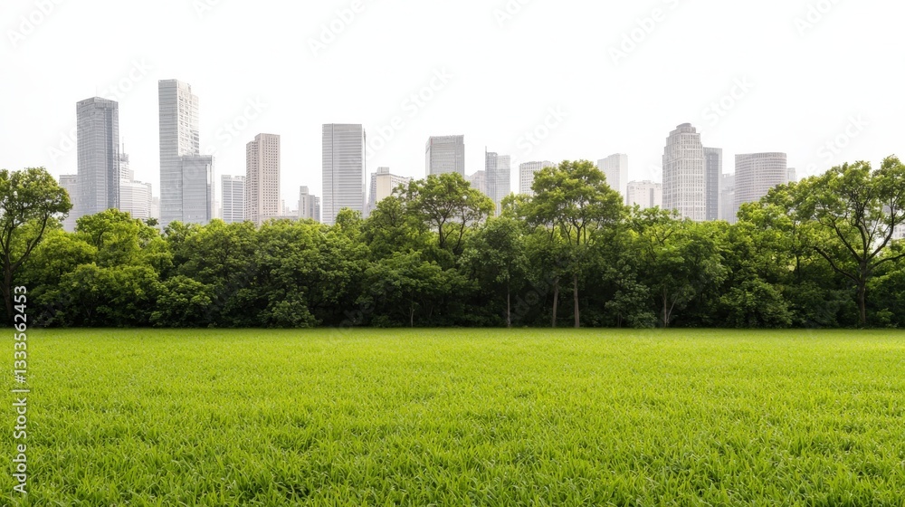 Fototapeta premium Lush Green Field Overlooking Modern City Skyline in Clear Weather