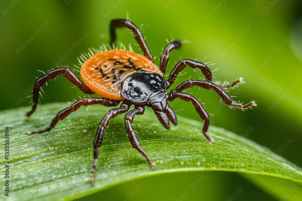 Fototapeta premium Western black legged deer tick on a plant leaf.