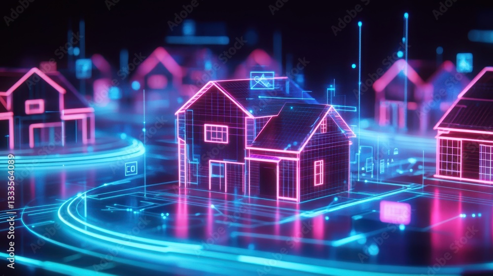 A futuristic scene showcasing smart housing data analysis with digital models illuminated by neon light. A futuristic scene showcasing smart housing data analysis with digital models illuminated by neon light.
