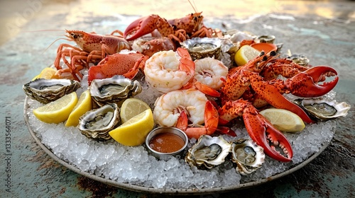 Elegant seafood platter with lobster, oysters, crab legs, and prawns (AI Image)
